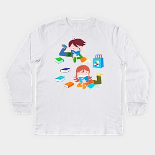 Two kids in library Kids Long Sleeve T-Shirt